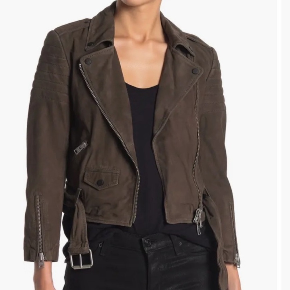 ALLSAINTS Hitchen Graphite Dark Brown 100% Goat Leather Suede Moto Jacket 2